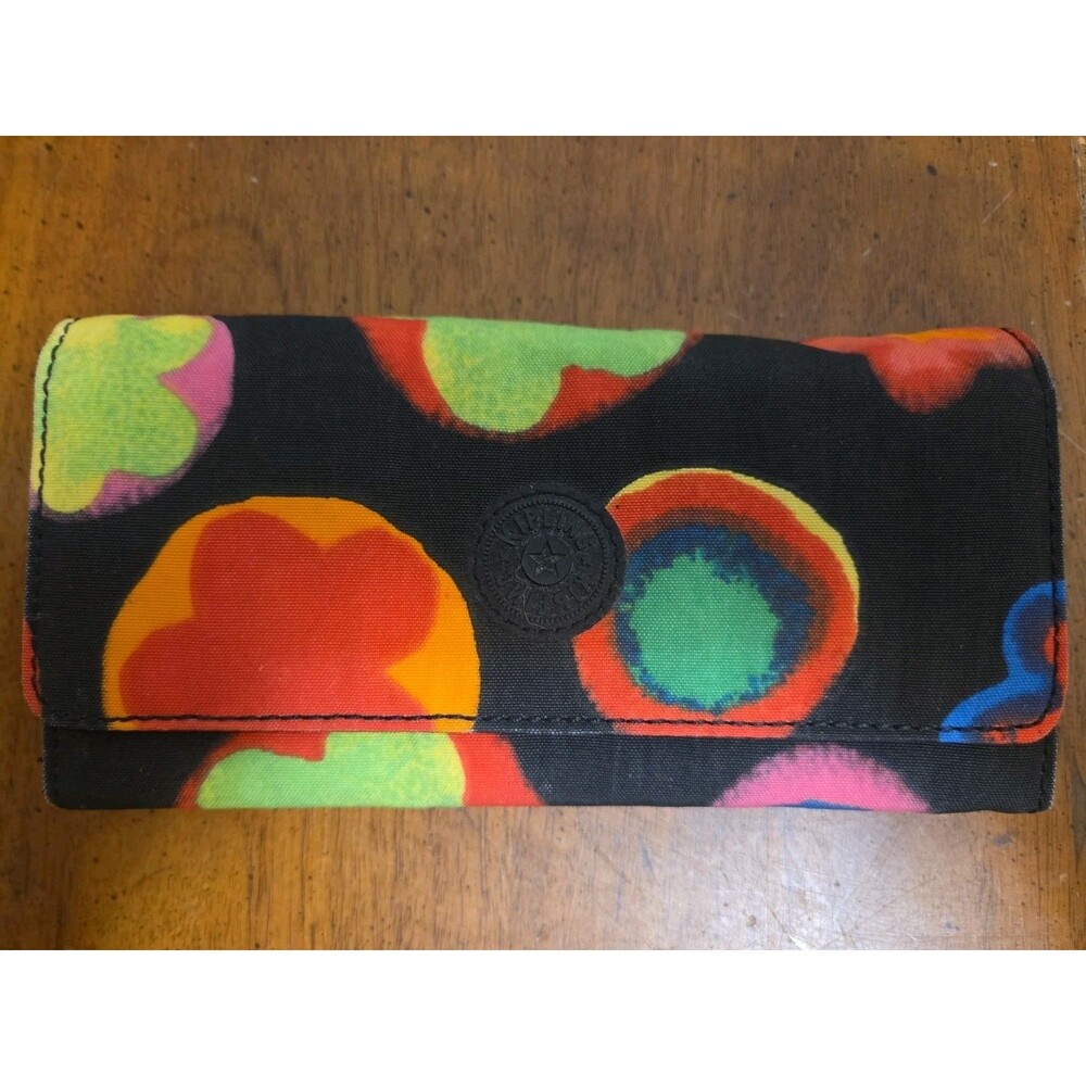 Kipling Long Trifold Wallet Snap Closure Zip Pocket Multicolored Floral Nylon